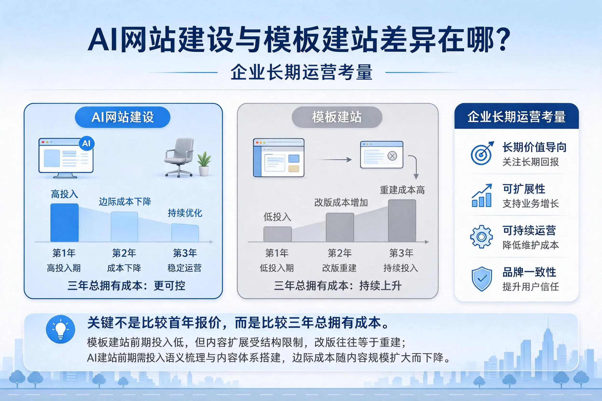 AI网站建设与模板建站差异在哪？双鸭山企业长期运营考量